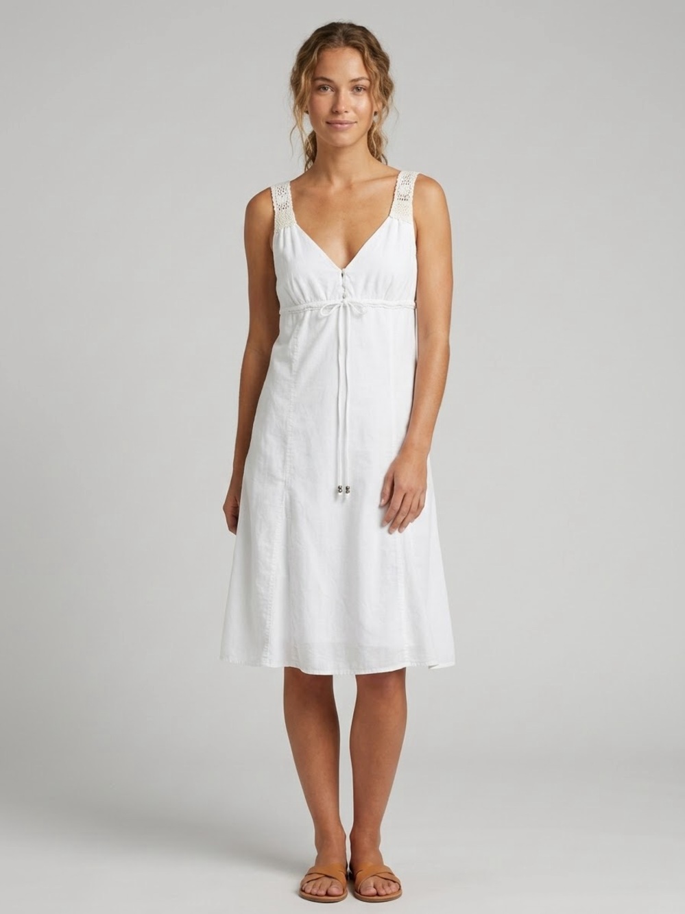 Spirit D corp Espirit White Empire Waist Linen Blend Midi Sundress